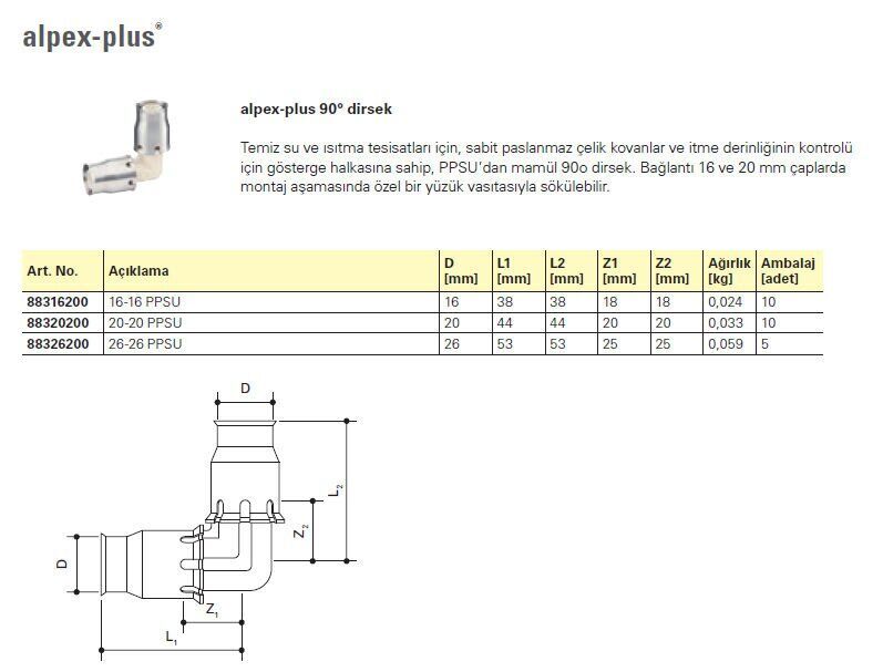 Fraenkische Alpex-Plus 90° Dirsek 26 mm 1 Paket (5 adet)