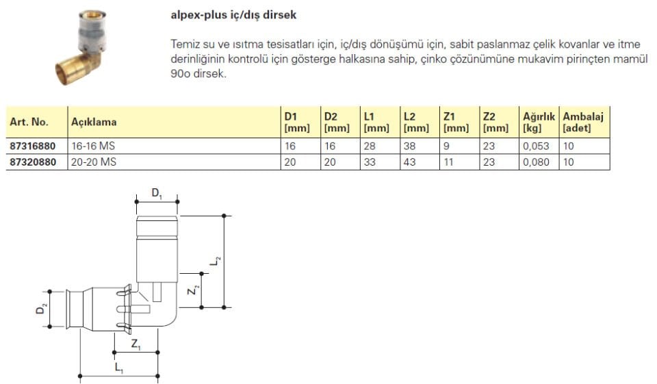 Fraenkische Alpex-Plus iç/dış dirsek 16mm - 1 Paket (10 adet)