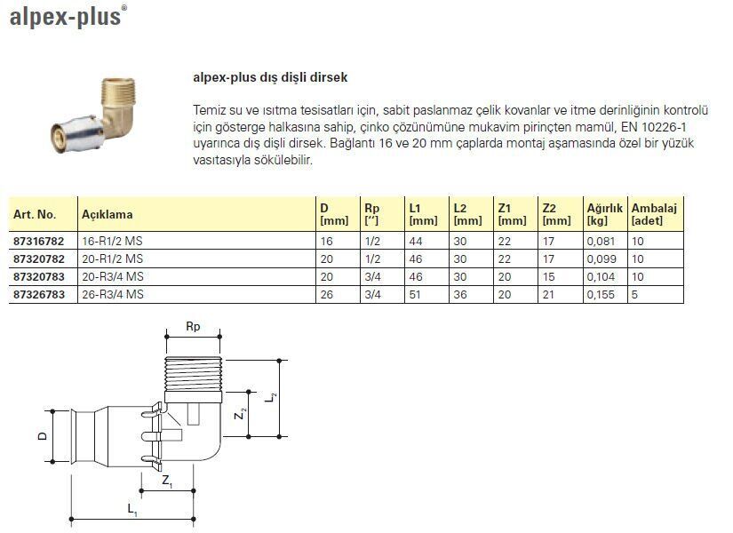 Fraenkische Alpex-Plus Dış Dişli Dirsek  20mm-3/4'' - 1 Paket (10 adet)
