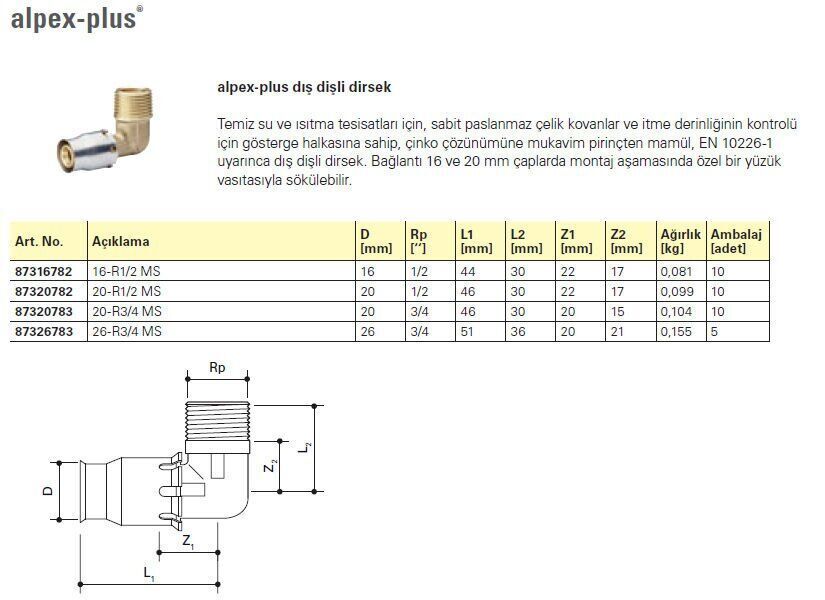 Fraenkische Alpex-Plus Dış Dişli Dirsek  26mm-3/4'' - 1 Paket (5 adet)