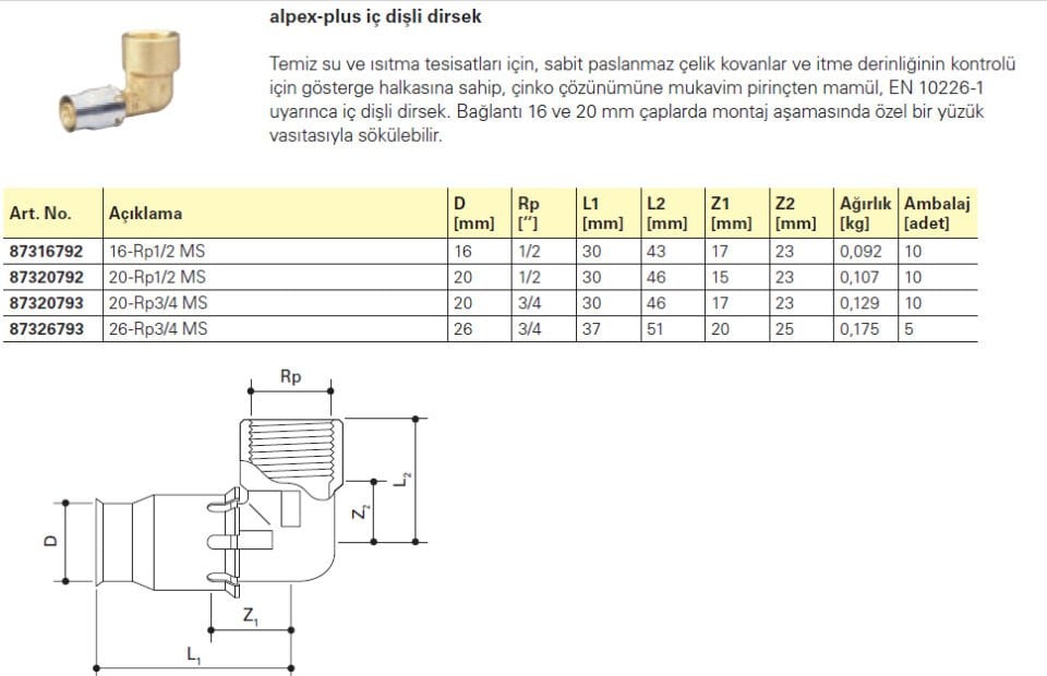 Fraenkische Alpex-Plus İç Dişli Dirsek  16mm-1/2'' - 1 Paket (10 adet)