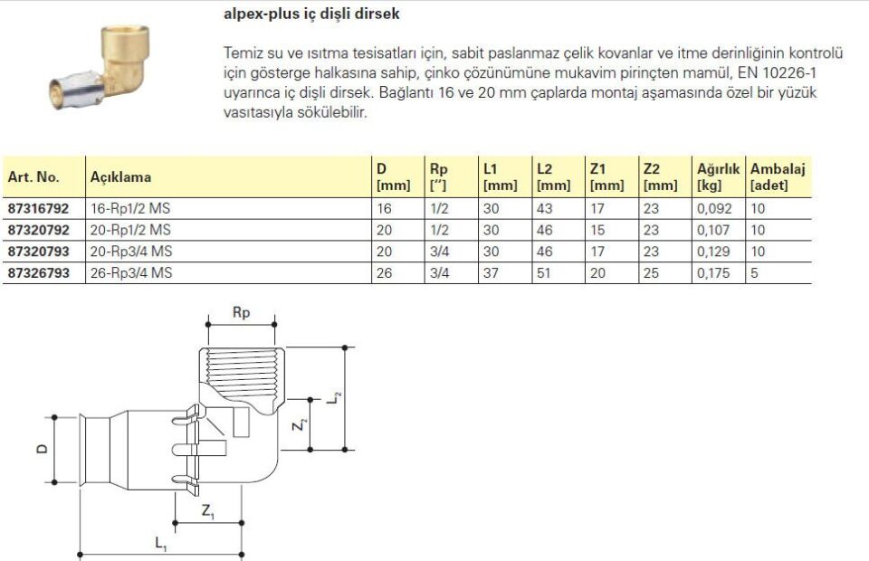 Fraenkische Alpex-Plus İç Dişli Dirsek  20mm-1/2'' - 1 Paket (10 adet)
