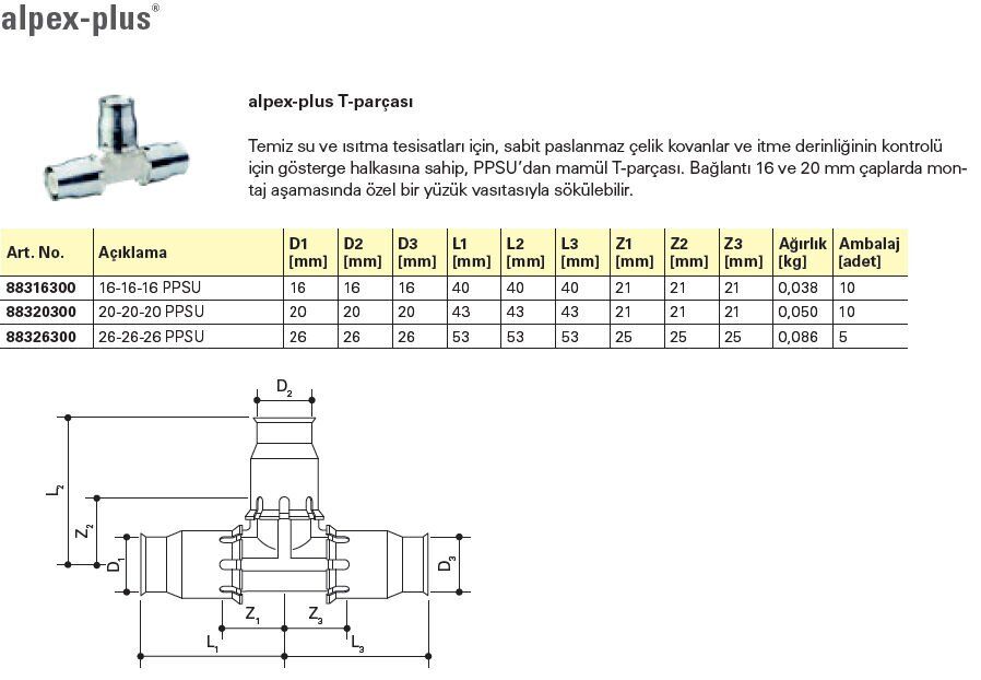 Fraenkische Alpex-Plus T Parçası 20mm - 1 Paket (10 adet)