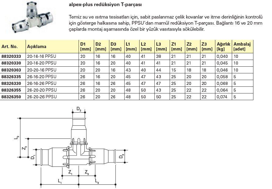 Fraenkische Alpex-Plus Redüksiyon T Parçası 20-16-20mm - 1 Paket (10 adet)