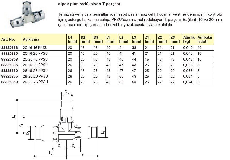 Fraenkische Alpex-Plus Redüksiyon T Parçası 26-16-20mm - 1 Paket (5 adet)