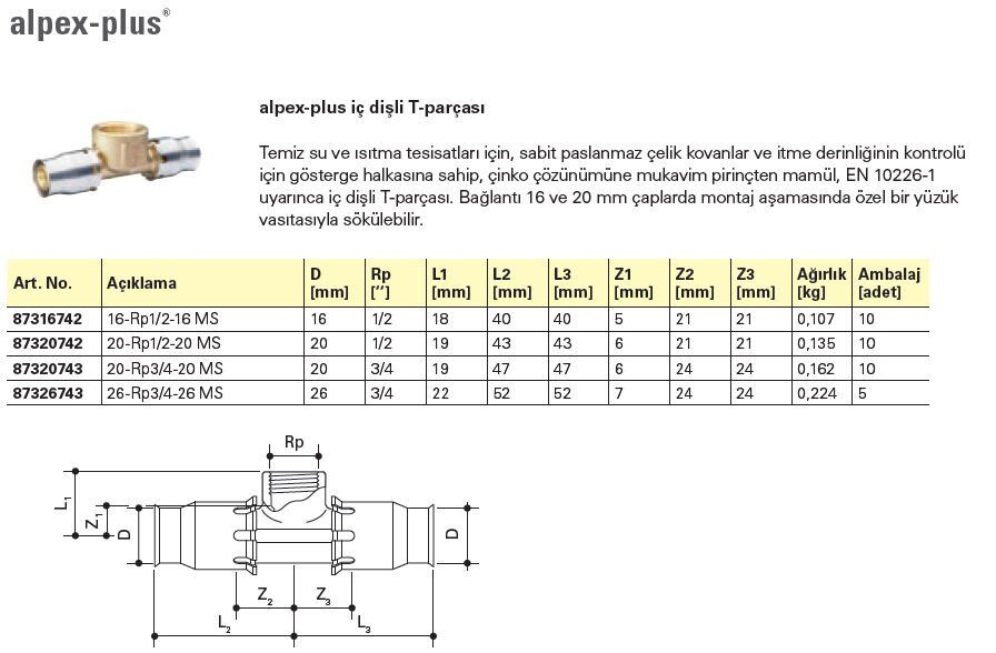 Fraenkische Alpex-Plus İç Dişli T Parçası 20mm-1/2'' - 1 Paket (10 adet)