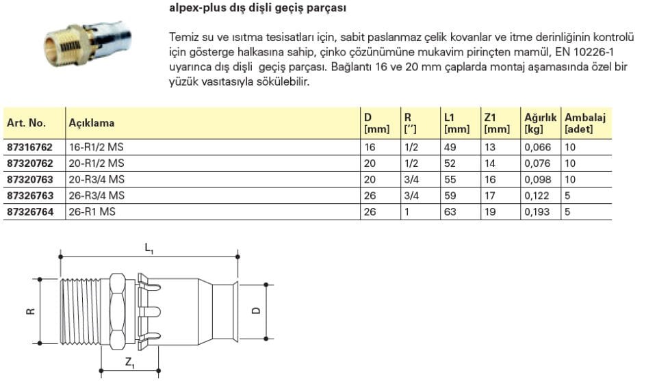 Fraenkische Alpex-Plus Dış Dişli Geçiş Parças 16mm-1/2'' - 1 Paket (10 adet)