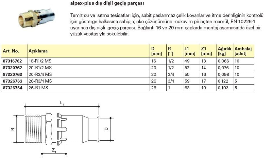 Fraenkische Alpex-Plus Dış Dişli Geçiş Parçası 20mm-3/4'' - 1 Paket (10 adet)
