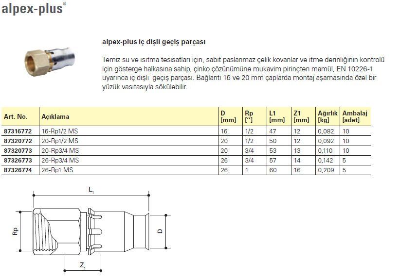 Fraenkische Alpex-Plus İç Dişli Geçiş Parçası 20mm-1/2'' - 1 Paket (10 adet)