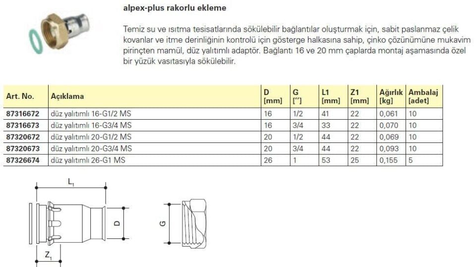 Fraenkische Alpex-Plus Rakorlu Ekleme 20mm-1/2'' - 1 Paket (10 adet)