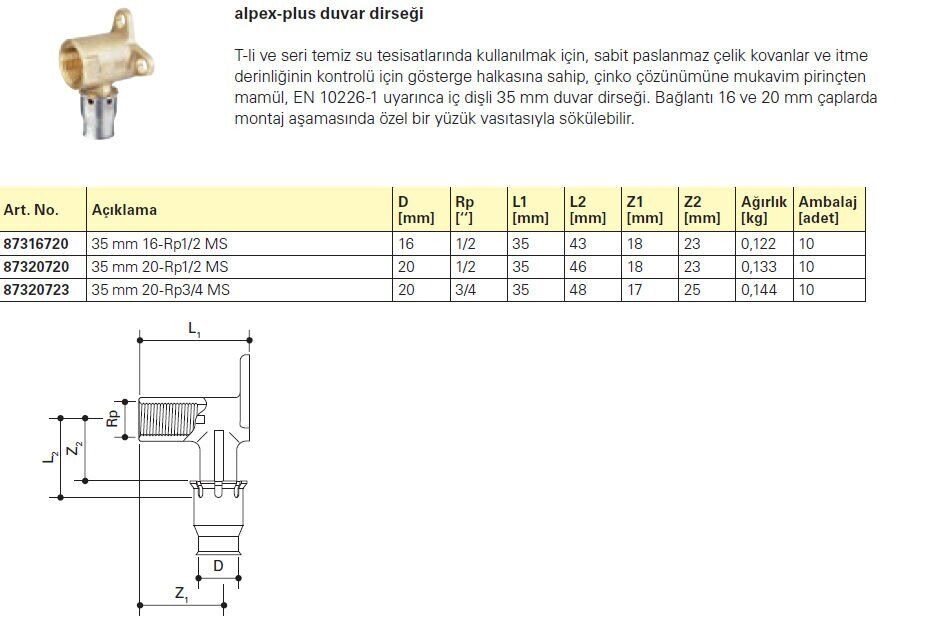 Fraenkische Alpex-Plus Duvar Dirseği 20mm-1/2'' - 1 Paket (10 adet)