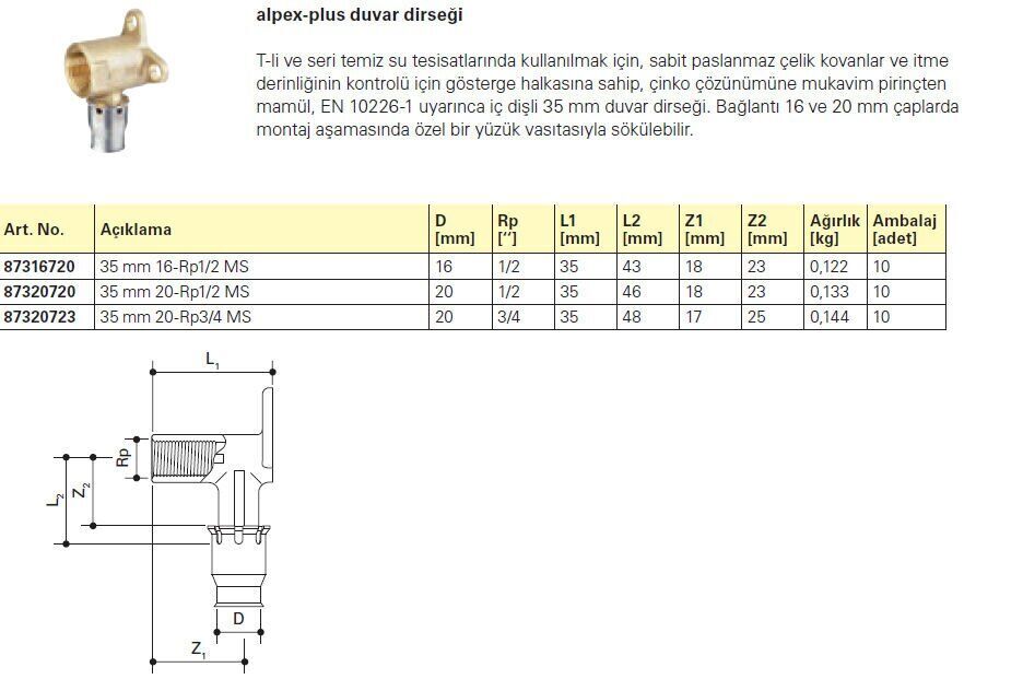 Fraenkische Alpex-Plus Duvar Dirseği 20mm-3/4'' - 1 Paket (10 adet)