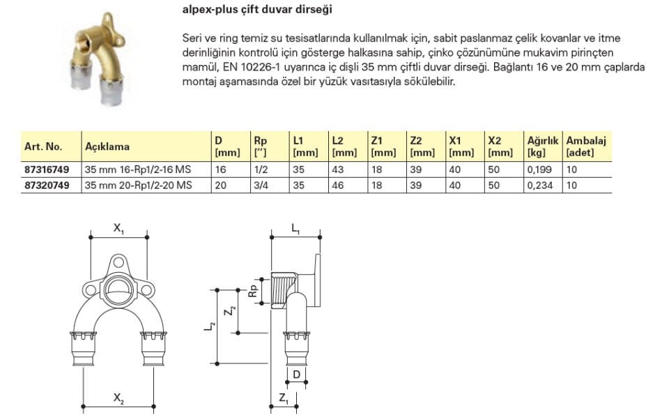 Fraenkische Alpex-Plus Çift Duvar Dirseği 16mm-1/2''-16mm - 1 Paket (10 adet)