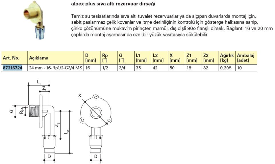 Fraenkische Alpex-Plus Sıva Altı Rezervuar Dirseği 16mm-1/2''-3/4'' - 1 Paket (10 adet)
