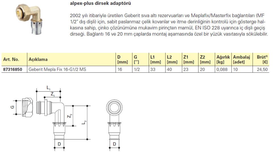 Fraenkische Alpex-plus Dirsek Adaptörü Geberit Mepla Fix 16-G1/2 MS' - 1 Paket (10 adet)
