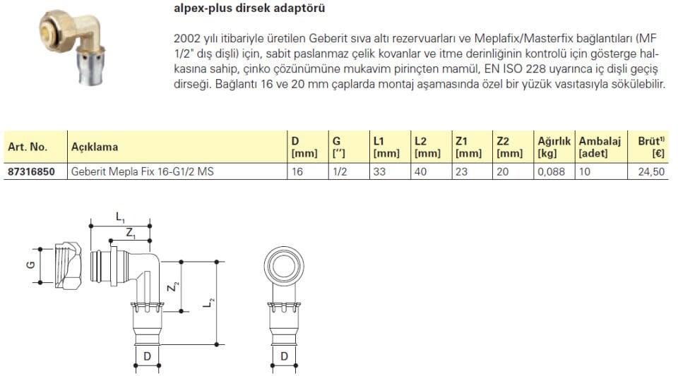 Fraenkische Alpex-plus Dirsek Adaptörü Geberit Mepla Fix 16-G1/2 MS' - 1 Paket (10 adet)